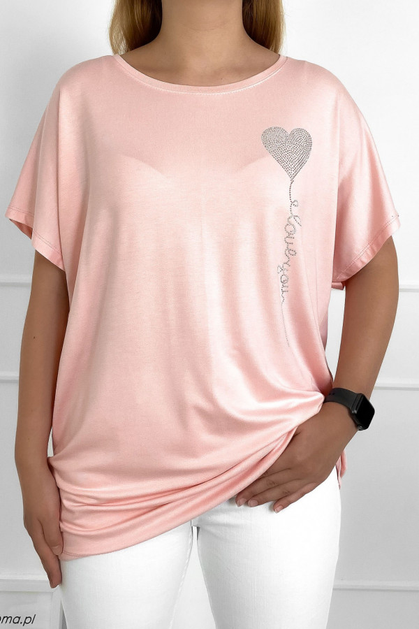 Duża bluzka damska z wiskozy w kolorze pudrowym dżety serce balonik