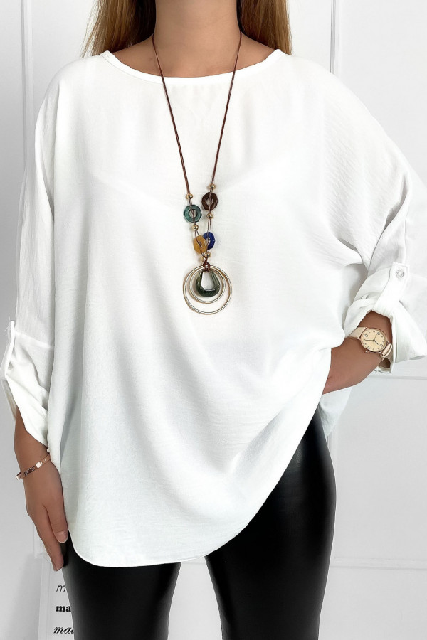 Duża koszula bluzka w kolorze białym oversize podpinany rękaw z naszyjnikiem Anne