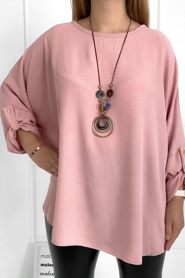 Duża koszula bluzka w kolorze pudrowym oversize podpinany rękaw z naszyjnikiem Anne 3