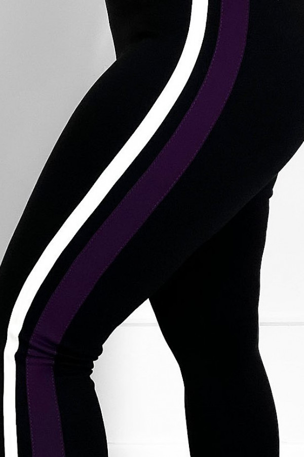 Legginsy plus size spodnie w kolorze czarnym z fioletowym lampasem wysoki stan 3