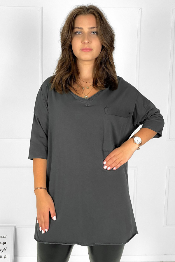 Tunika damska w kolorze grafitowym t-shirt oversize v-neck kieszeń Polina 4