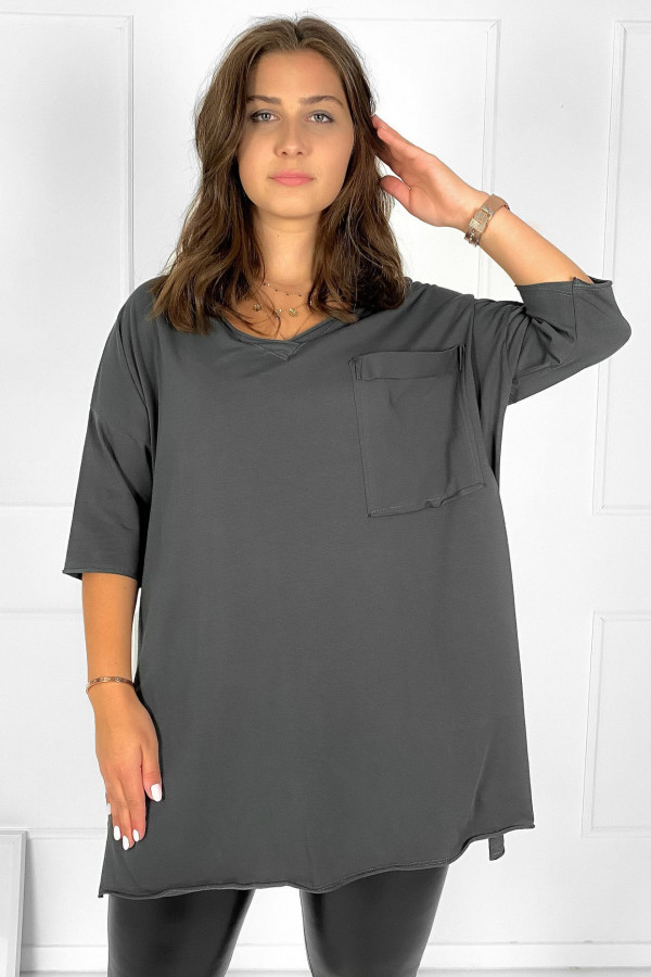 Tunika damska w kolorze grafitowym t-shirt oversize v-neck kieszeń Polina 1