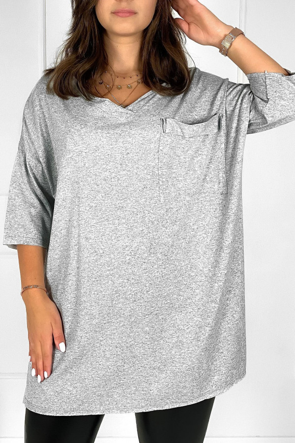 Tunika damska w kolorze szarym t-shirt oversize v-neck kieszeń Polina