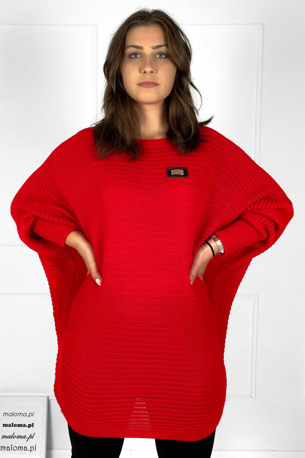 Duży sweter damski oversize w kolorze czerwonym nietoperz tunika classic 5