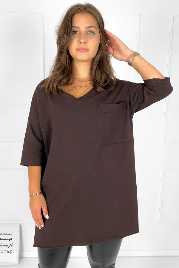 Tunika damska w kolorze czekoladowym t-shirt oversize v-neck kieszeń Polina 4