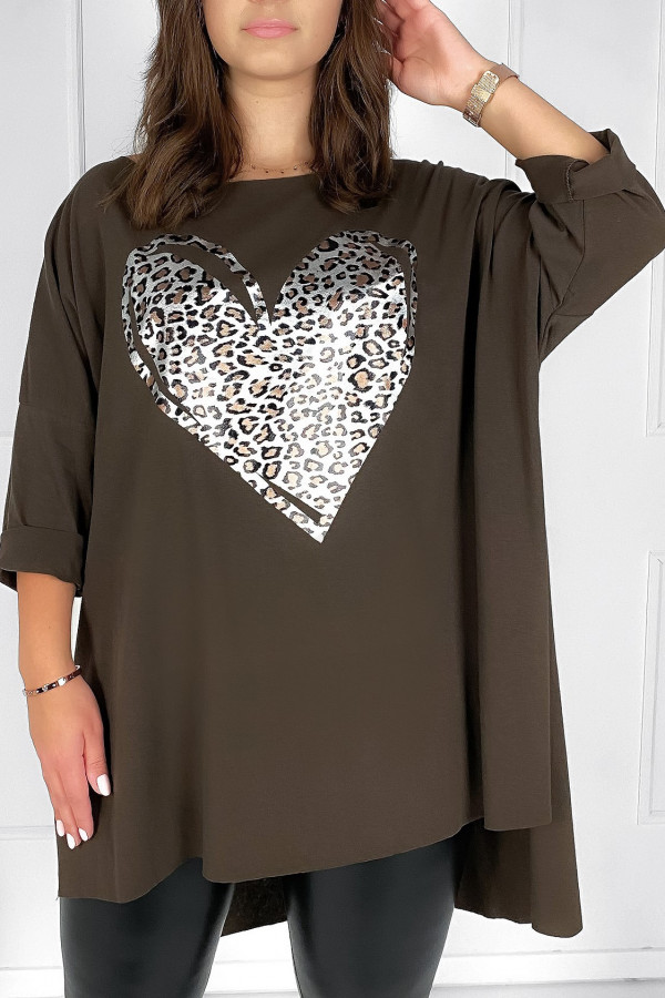 Duża bluzka tunika w kolorze brązowym oversize dłuższy tył print serce