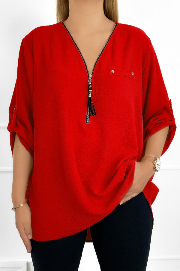 Elegancka bluzka koszula w kolorze czerwonym dekolt zamek ZIP secret