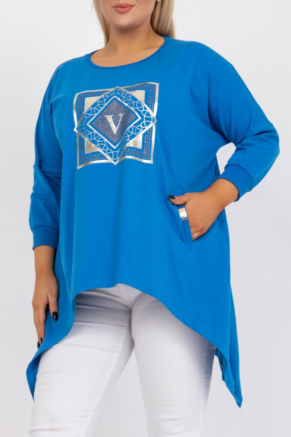 Tunika damska plus size w kolorze niebieskim z kieszeniami długie boki rogi