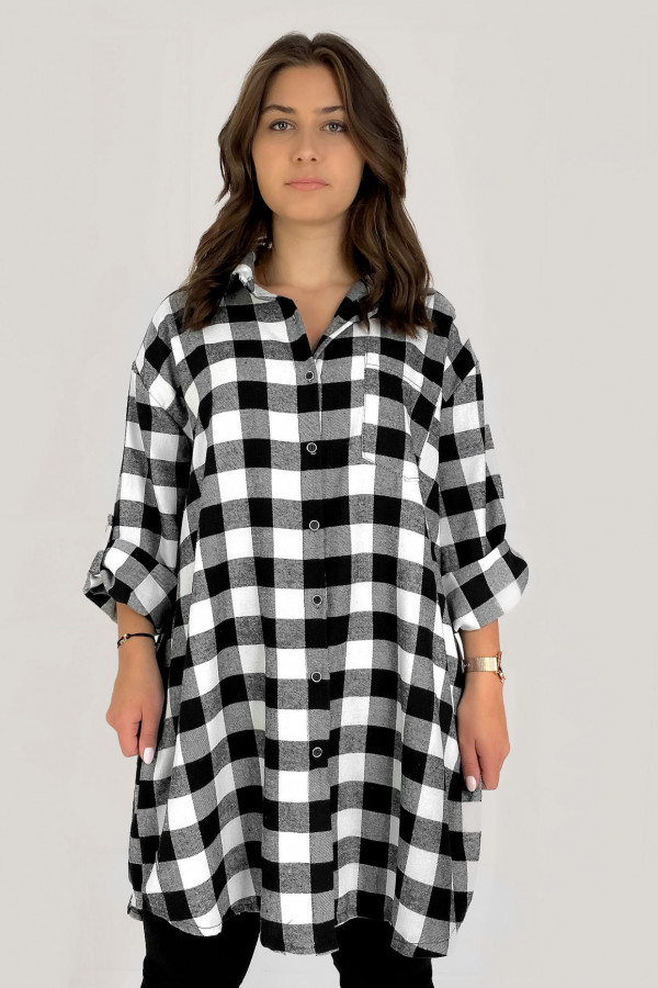Długa koszula w kratkę tunika sukienka w kolorze czarno białym Leena