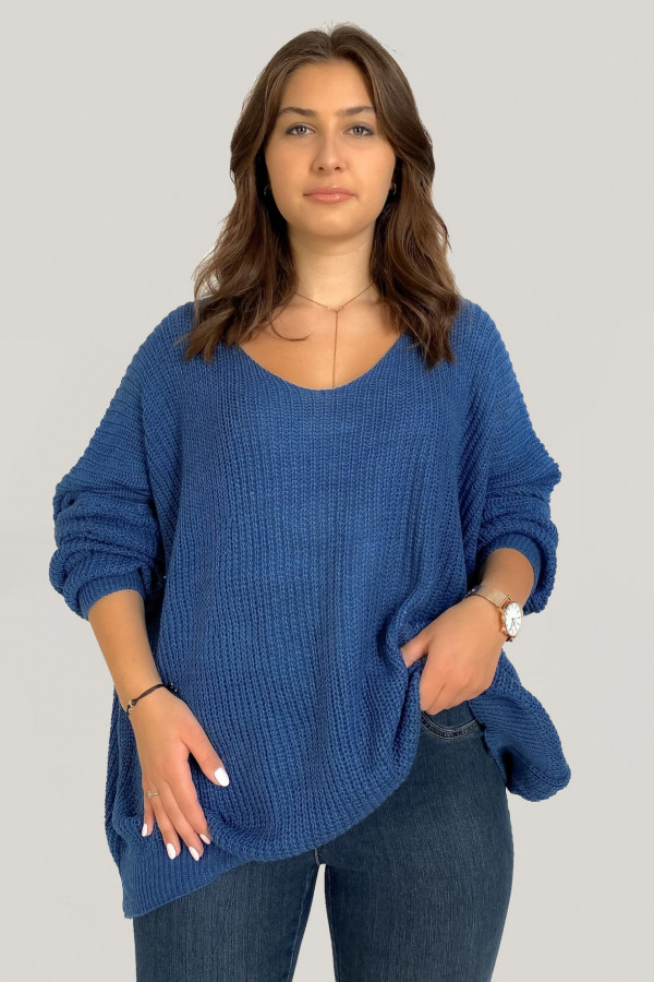 Duży oversize sweter damski w kolorze dark blue dekolt V nietoperz Adel