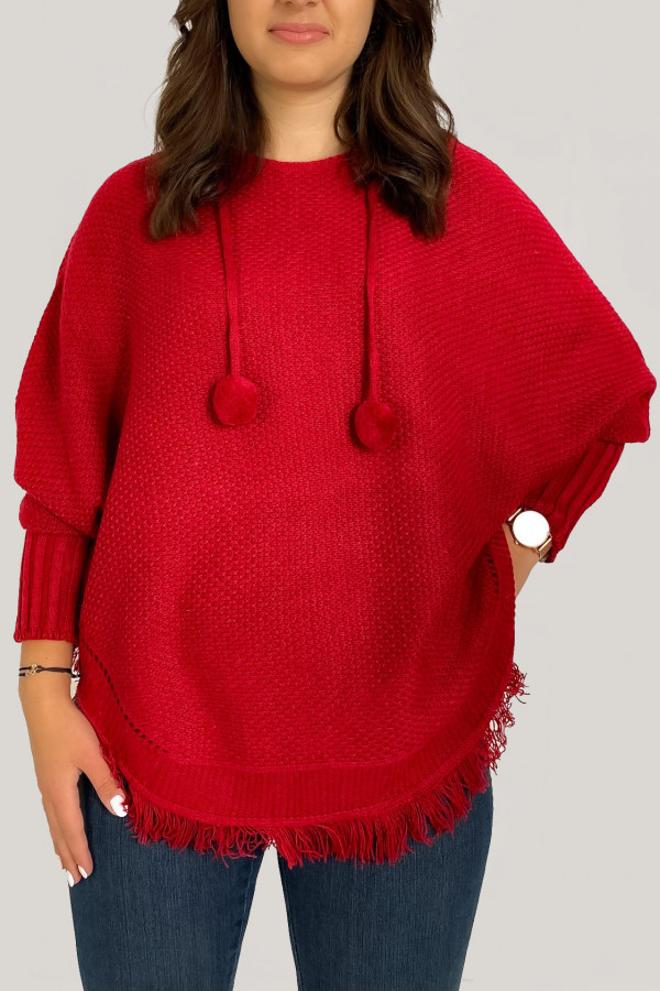 Ponczo damskie sweter w kolorze czerwonym z kapturem boho z frędzlami