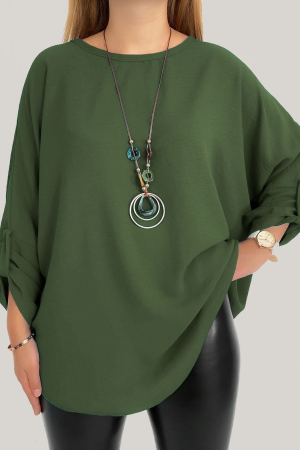Duża koszula bluzka w kolorze zielonym khaki oversize podpinany rękaw z naszyjnikiem Anne