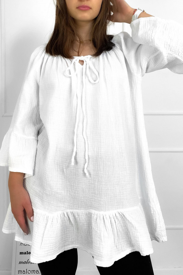 Tunika bluzka damska w kolorze białym oversize sznurowany dekolt Monna