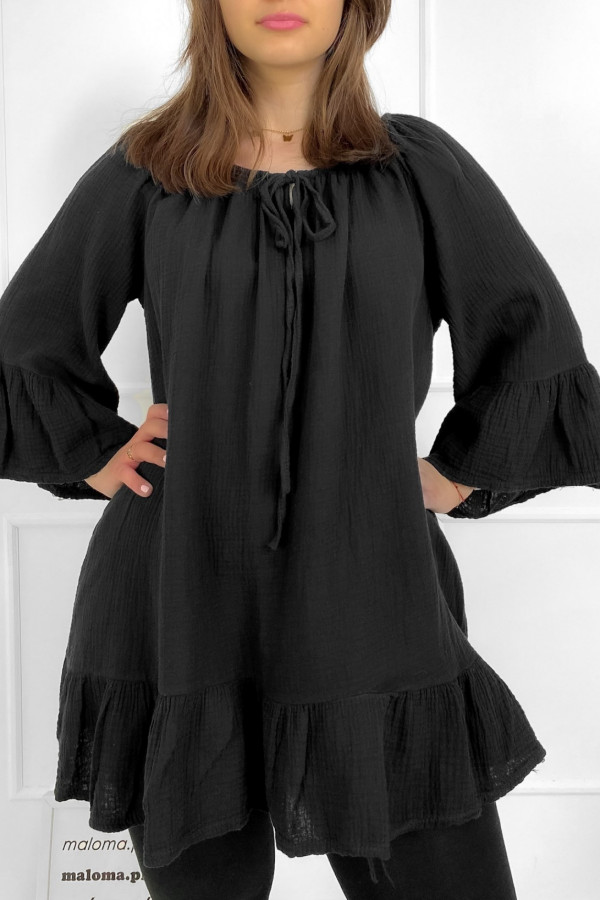 Tunika bluzka damska w kolorze czarnym oversize sznurowany dekolt Monna