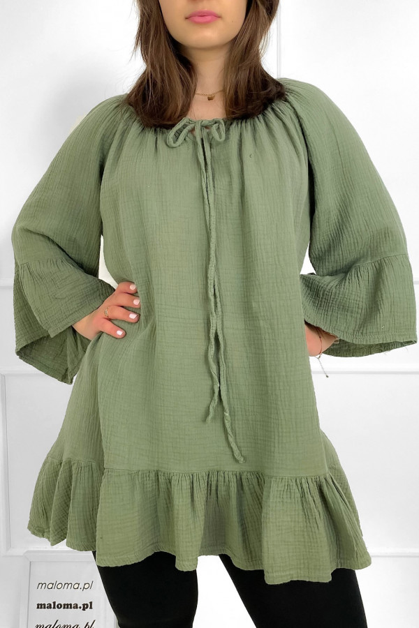 Tunika bluzka damska w kolorze oliwkowym oversize sznurowany dekolt Monna