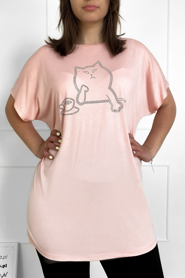 Duża bluzka damska z wiskozy w kolorze pudrowym dżety Kot