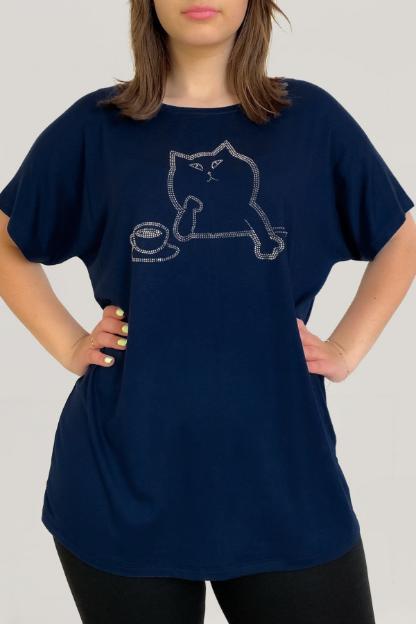 Duża bluzka damska z wiskozy w kolorze granatowym dżety kot