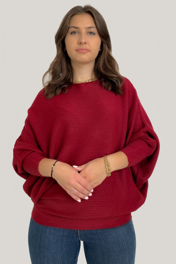 Sweter damski prążkowany nietoperz w kolorze bordowym oversize Dory
