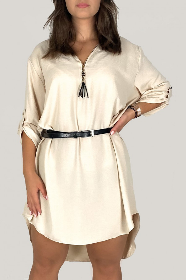 Koszula tunika w kolorze beżowym sukienka z dłuższym tyłem pasek dekolt zamek ZIP perfect