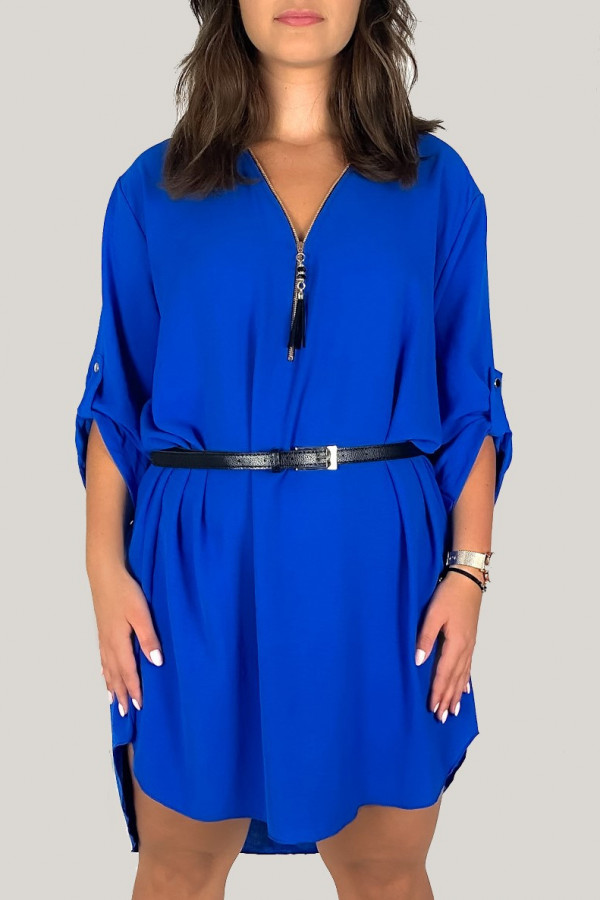 Koszula tunika w kolorze kobaltowym sukienka z dłuższym tyłem pasek dekolt zamek ZIP perfect