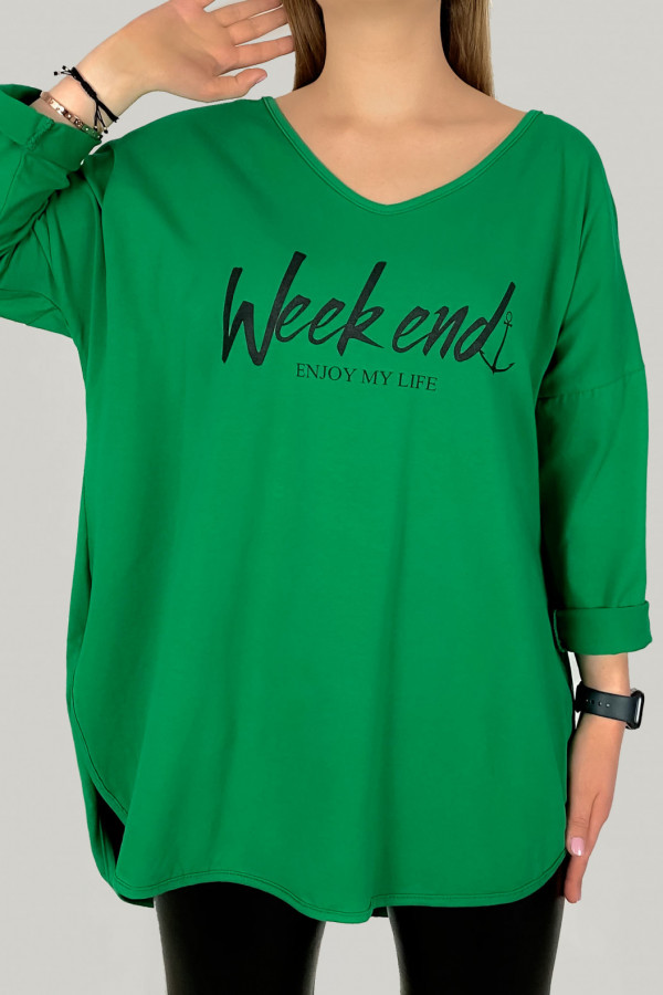 Luźna bluzka damska w kolorze zielonym dłuższy tył dekolt V Weekend