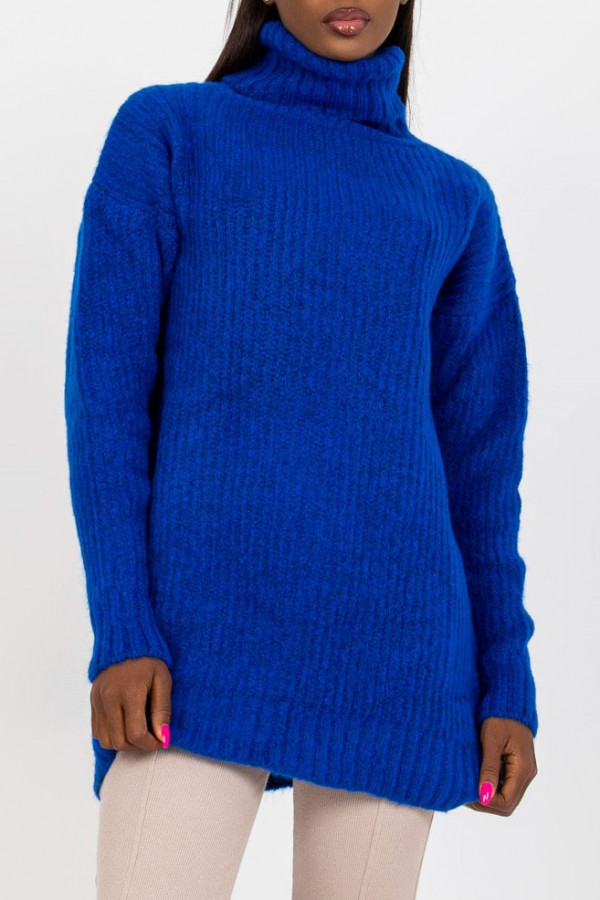 Długi sweter damski tunika w kolorze kobaltowym cieplutki duży golf Lavana