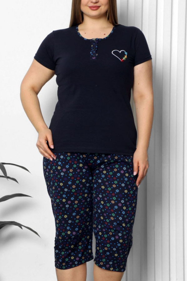 Piżama damska plus size w kolorze granatowym koszulka + spodnie 3/4 serce