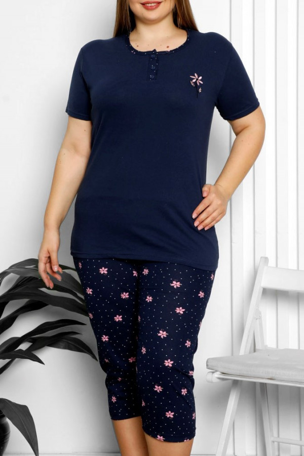 Piżama damska plus size w kolorze granatowym koszulka + spodnie 3/4 kwiat