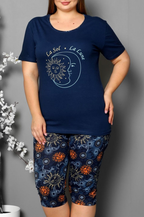Piżama damska plus size w kolorze granatowym koszulka + spodnie 3/4 księżyc