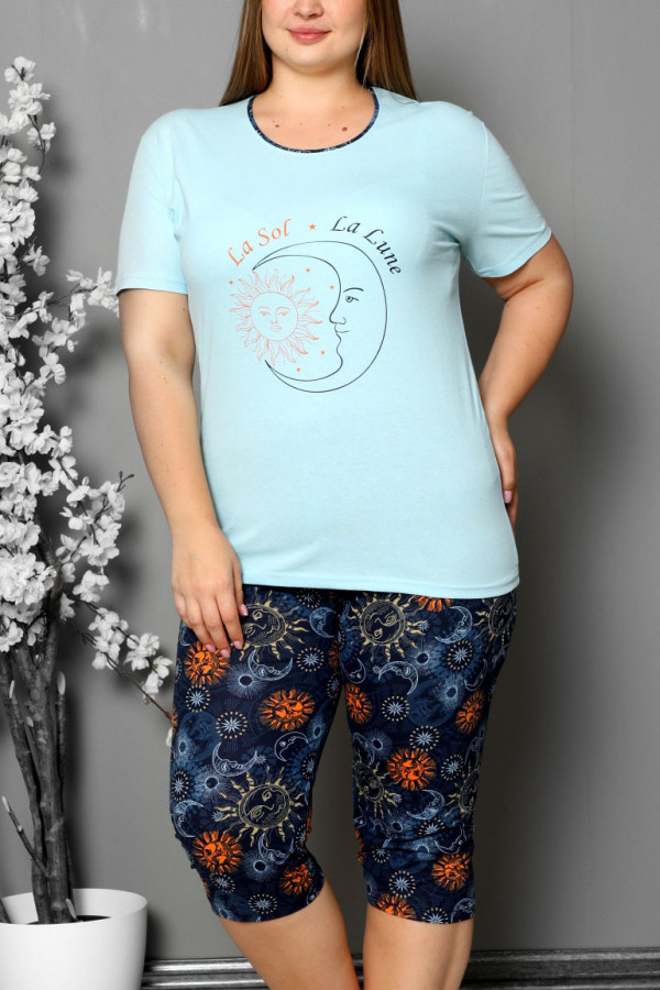 Piżama damska plus size w kolorze niebieskim koszulka + spodnie 3/4 księżyc
