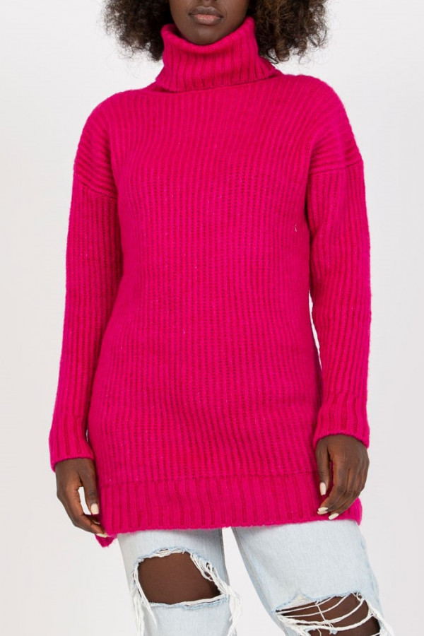 Długi sweter damski tunika w kolorze fuksji cieplutki duży golf Lavana