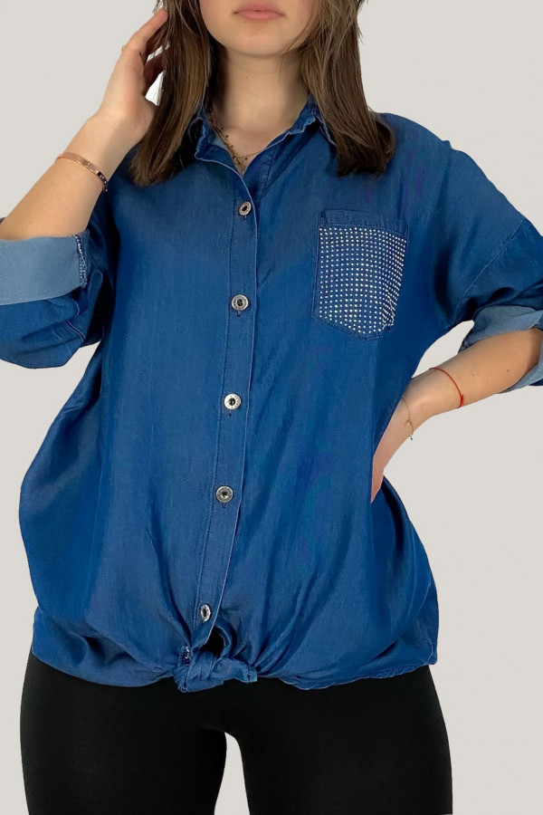 Bluzka koszula w kolorze jeansowym z podpinanym rękawem kieszeń dżety