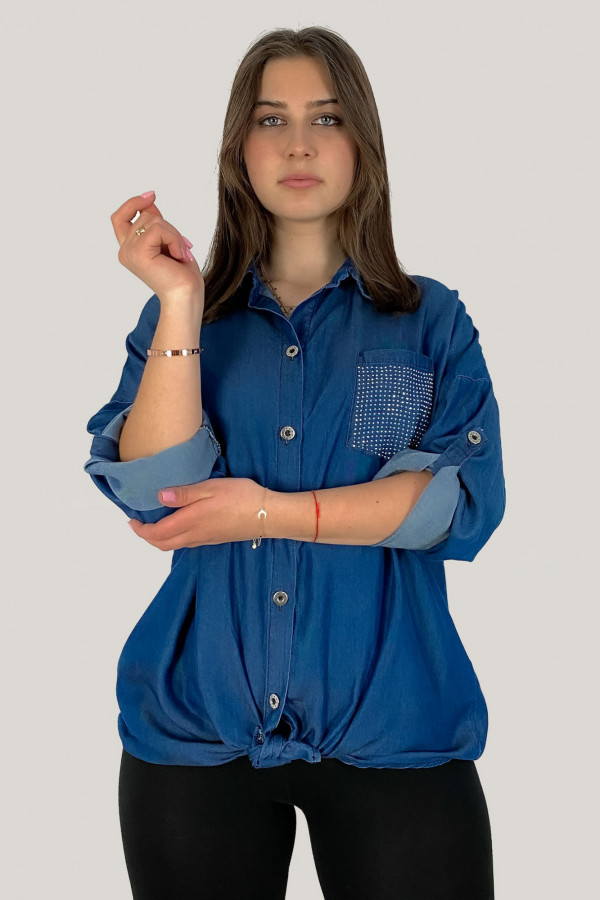 Bluzka koszula w kolorze jeansowym z podpinanym rękawem kieszeń dżety 2