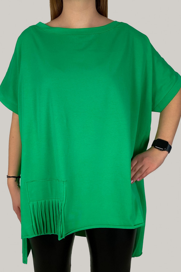 Tunika damska bluzka oversize w kolorze zielonym dłuższy tył Irmina frędzle