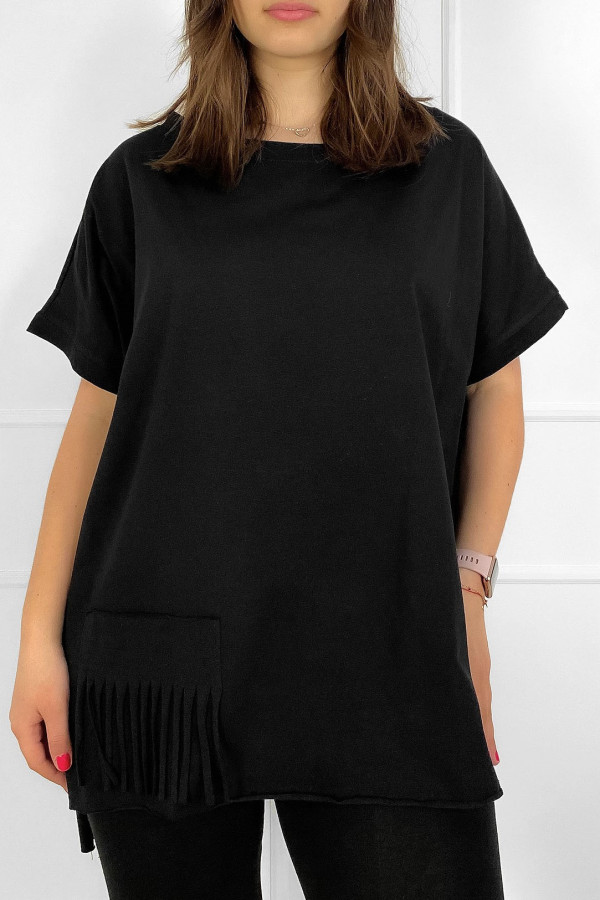 Tunika damska bluzka oversize w kolorze czarnym dłuższy tył Irmina frędzle