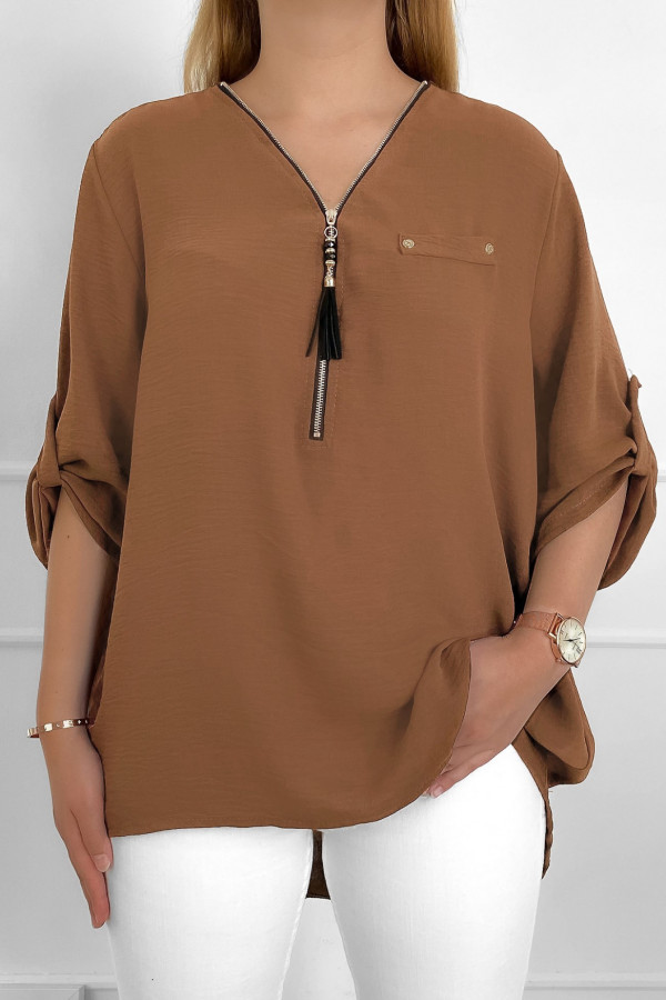 Elegancka bluzka koszula w kolorze jasno brązowym dekolt zamek ZIP secret