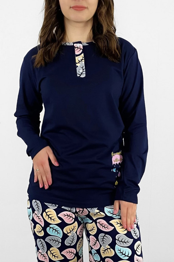 Piżama damska plus size w kolorze granatowym koszulka + spodnie liście