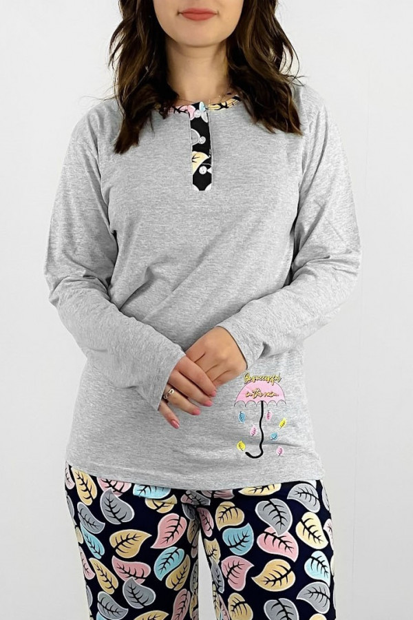 Piżama damska plus size w kolorze szarym koszulka + spodnie liście