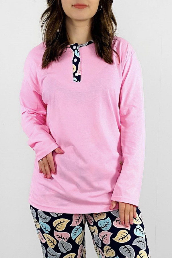 Piżama damska plus size w kolorze różowym koszulka + spodnie liście