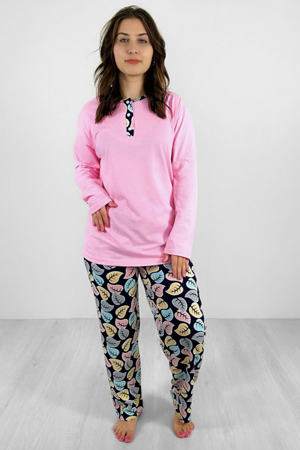 Piżama damska plus size w kolorze różowym koszulka + spodnie liście 2