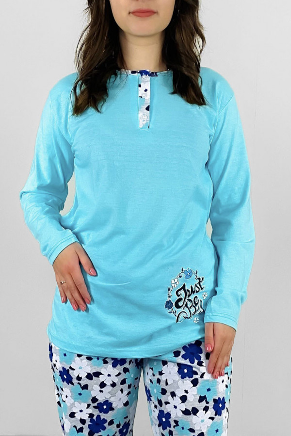 Piżama damska plus size w kolorze turkusowym koszulka + spodnie kwiaty just be cool