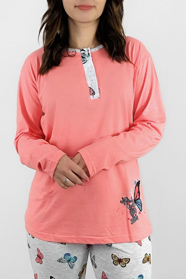 Piżama damska plus size w kolorze łososiowym koszulka + spodnie motylki