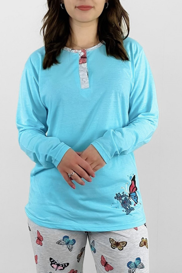 Piżama damska plus size w kolorze turkusowym koszulka + spodnie motylki