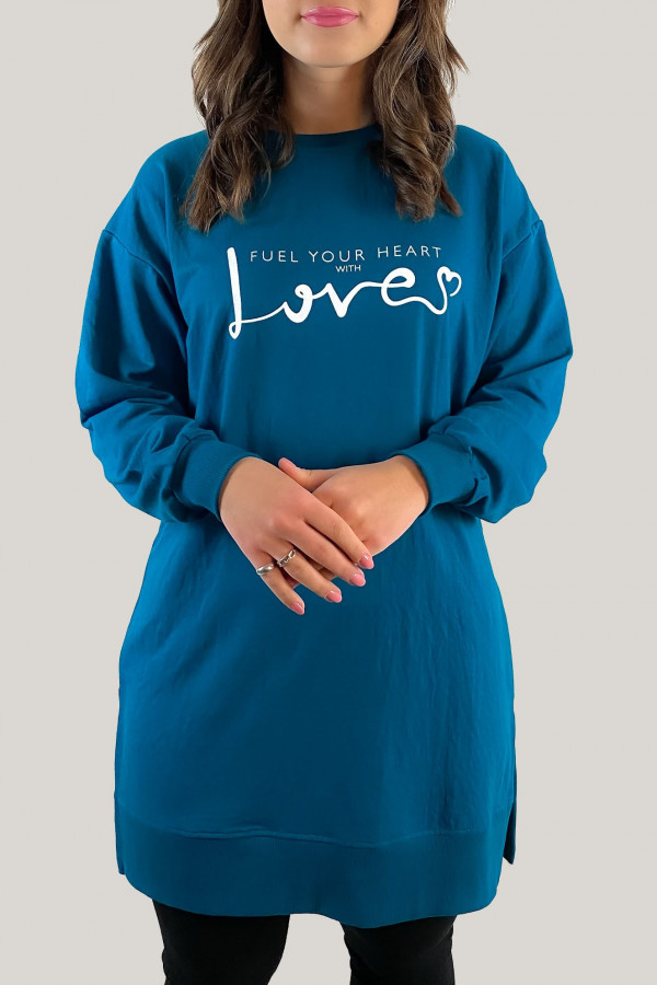 Długa bluza dresowa tunika damska long w kolorze morskim heart with love