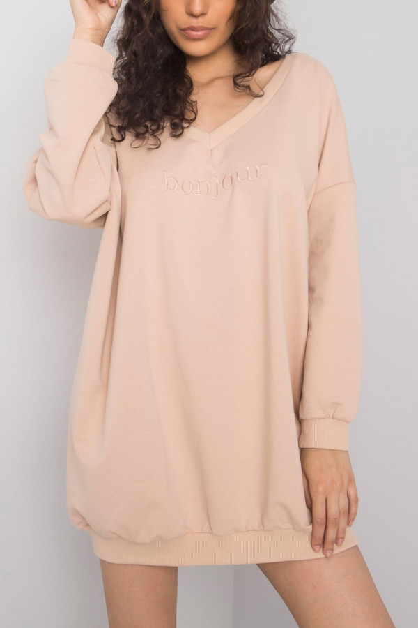 Sukienka dresowa long bluza oversize w kolorze beżowym dekolt w serek V