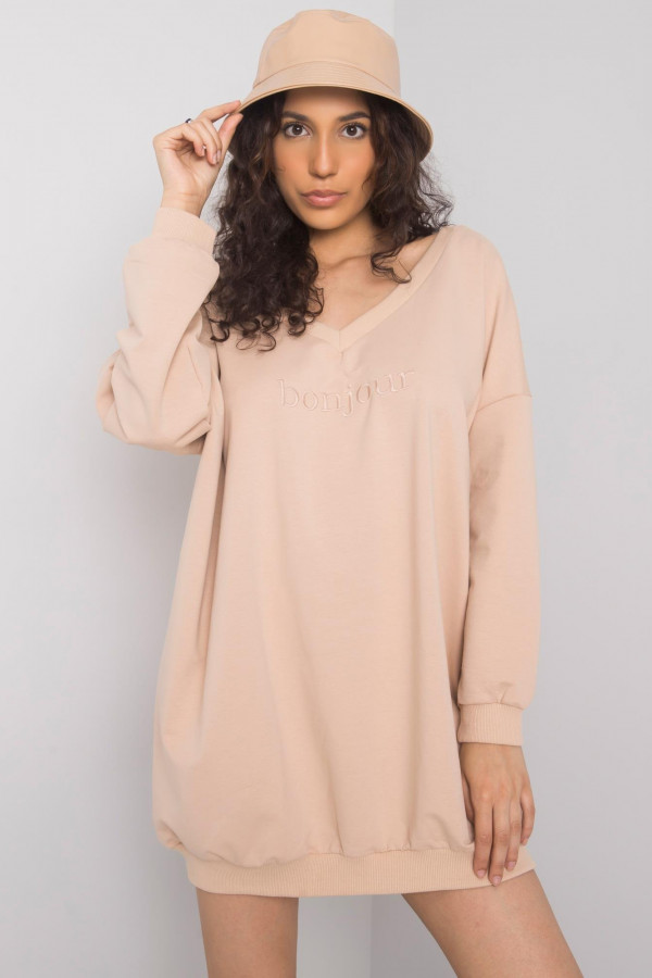 Sukienka dresowa long bluza oversize w kolorze beżowym dekolt w serek V 1