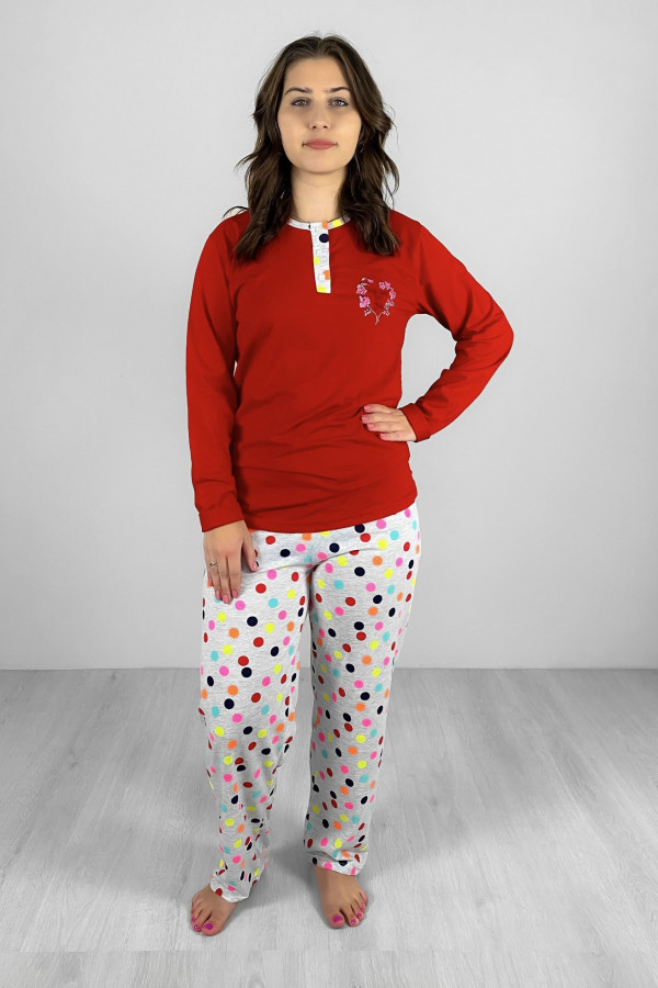 Piżama damska plus size w kolorze czerwonym koszulka + spodnie grochy 2