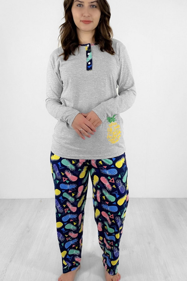 Piżama damska plus size w kolorze szarym koszulka + spodnie ananasy 1