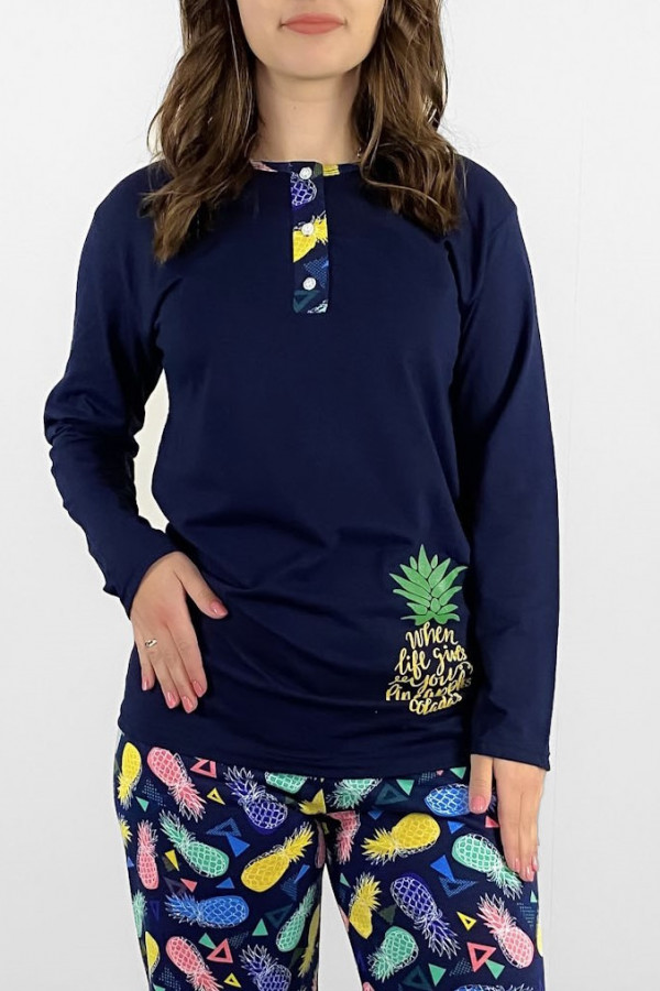 Piżama damska plus size w kolorze granatowym koszulka + spodnie ananasy
