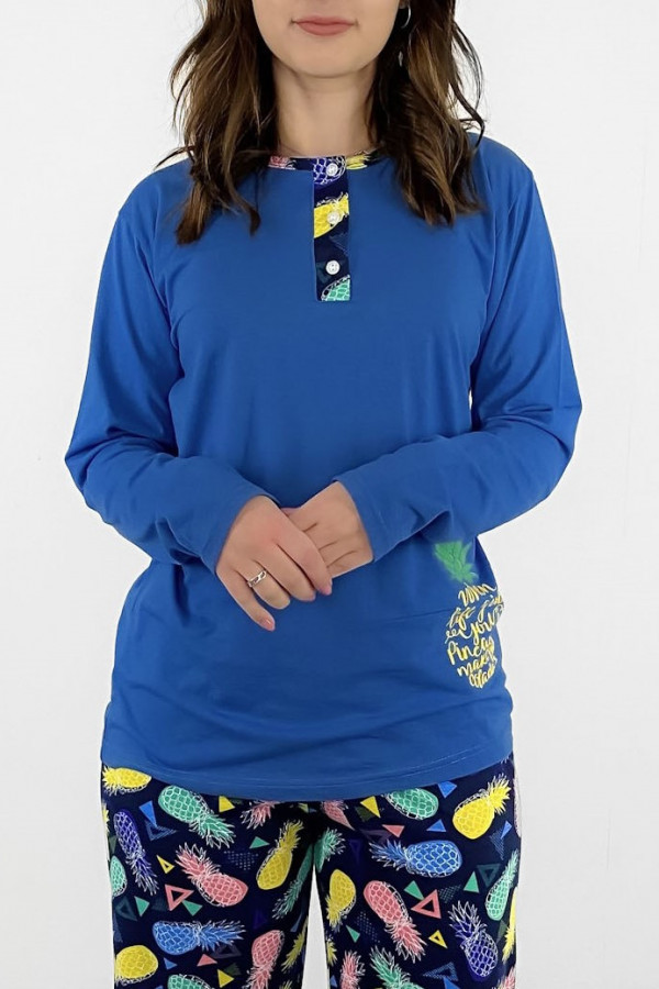 Piżama damska plus size w kolorze niebieskim koszulka + spodnie ananasy